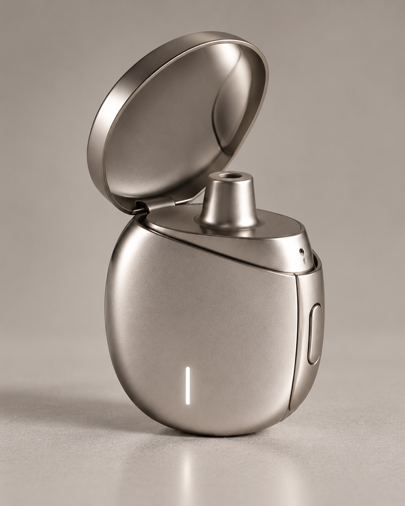 Concept render of a rounded compact nasal device, lid open, nozzle visible